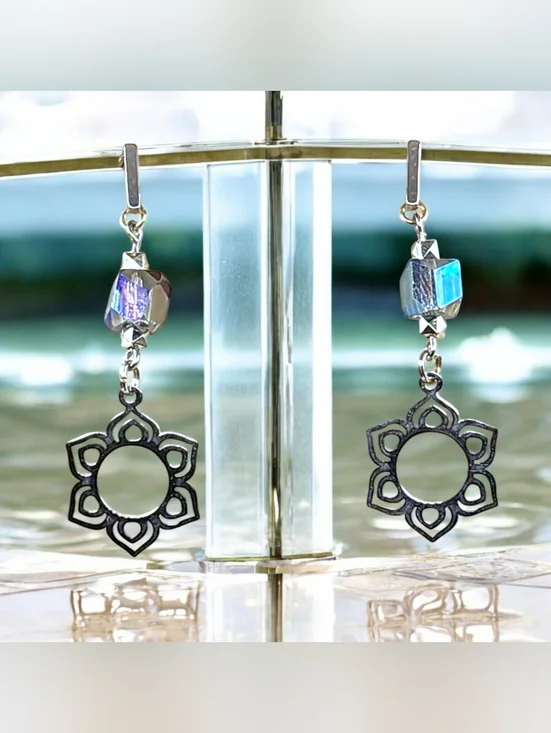Boho Silver Mandala Dangle Earrings with Iridescent Crystal Bead - Picture 1 of 2